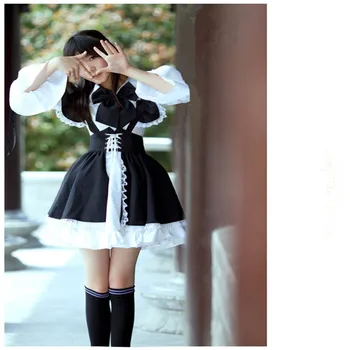 Las mujeres Traje de Maid Anime Vestido Largo Negro y Delantal Blanco Vestido de Lolita Vestidos de Traje de Cosplay