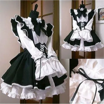 Las mujeres Traje de Maid Anime Vestido Largo Negro y Delantal Blanco Vestido de Lolita Vestidos de Traje de Cosplay