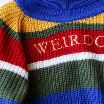Vintage Bordado Suelto Suéter De Punto De Las Mujeres De Rayas De Retazos De Cuello Alto Suéter De Otoño Invierno Casual Streetwear Tops 2020
