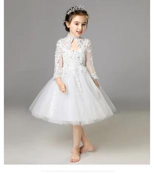 Elegante Blanco de Tul con Lentejuelas de Niña de las Flores de la Ceremonia de Manga Larga Desfile de Vestido de Princesa para la Fiesta de la Boda de Niña de Primera Comunión Vestido de