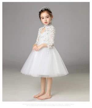 Elegante Blanco de Tul con Lentejuelas de Niña de las Flores de la Ceremonia de Manga Larga Desfile de Vestido de Princesa para la Fiesta de la Boda de Niña de Primera Comunión Vestido de