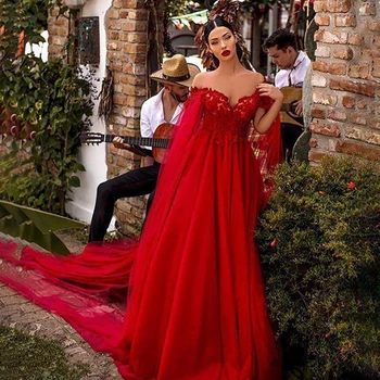 SoDigne Rojo Tull Vestido de fiesta 2020 Fuera del Hombro de Encaje Apliques Vestido de Noche Largo de Cuello V vestido de Tul Vestido Formal traje de gala