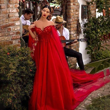 SoDigne Rojo Tull Vestido de fiesta 2020 Fuera del Hombro de Encaje Apliques Vestido de Noche Largo de Cuello V vestido de Tul Vestido Formal traje de gala