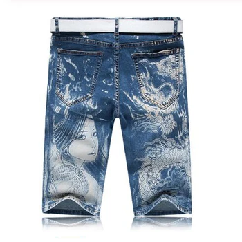 Los nuevos Hombres de los hombres de moda casual azul de la niña y el dragón jeans de impresión Masculina casual delgado de denim stretch de longitud de la rodilla cortos
