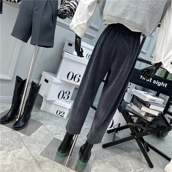 Simple Casual Pantalones De Pana Mujeres 2020 Nuevas Sólidos De Alta Cintura Suelta Recta De Tobillo-Longitud De Los Pantalones De Cintura Elástica Estilo Coreano
