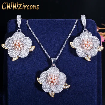 CWWZircons 3 Tonos de Oro Rosa de Lleno Micro Allanar Cubic Zirconia Damas de la Flor Colgante de Collar y Aretes Conjuntos de Joyas T063