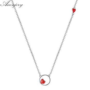 ANENJERY de la Plata Esterlina 925 Gota de Esmalte Rojo de Corazón de Amor del Corazón Círculo de Clavícula Collar de Cadena De las Mujeres S-N309