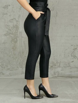 La Moda de las mujeres Más el Tamaño 2XL Casual Diseño de Bolsillo Flaco de Tobillo-Longitud de los Pantalones OL Volantes de Alta Cintura con Cinturón de PU Lápiz Pantalones