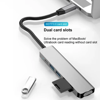 2021 USB3.0 2.0 Tipo de C Hab Adaptador de 6 en 1 Dual USB Tipo C Dock para MacBook Pro 4K de Vídeo USB SD TF Lector de Tarjetas MicroSD Splitter
