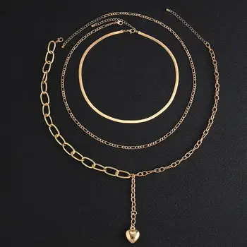 IngeSight.Z 3Pcs/Set Multi Capas de Amor del Corazón Colgante de Collar de las Mujeres del Color del Oro de la Serpiente de la Cadena de Grueso Grueso Gargantilla Collar de la Joyería