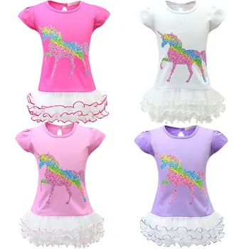 MUABABY Niñas Unicornio Arcoiris Impreso en Capas T Camisa de Vestir de los Niños del Verano de Manga Corta de dibujos animados Tutu Vestido de los Niños Casual Playwear