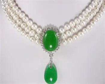 Señora de los mejores accesorios! 3 Filas de la perla blanca 7-8mm de color verde jade Colgante de Collar