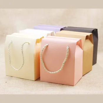 Mulit de color caja de regalo con la manija de cadena de papel en blanco de la boda/dulces/tés/tuercas/cookies/regalos paquete caja con asa 8.9*6.7*10.5 cm 10pc