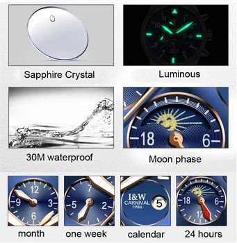 Caja de oro rosa con esfera azul Mecánico Automático de los Hombres de Múltiples funciones del Reloj de Moda de la Marca de Lujo de Cuero de Negocios Relojes Relogio