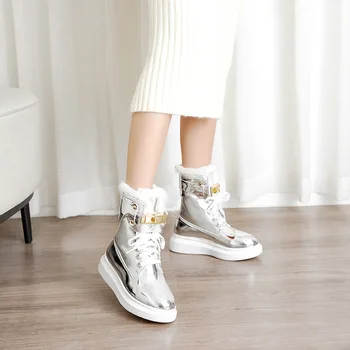 2020 de la Plataforma de los Zapatos de Invierno Botas de Nieve de las Mujeres de Tobillo Botas de cordones con Lentejuelas de Plata de los Zapatos de Cuero de las Mujeres Impermeables de Arranque
