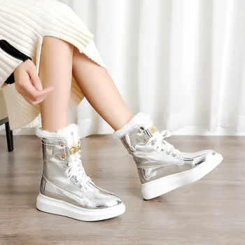 2020 de la Plataforma de los Zapatos de Invierno Botas de Nieve de las Mujeres de Tobillo Botas de cordones con Lentejuelas de Plata de los Zapatos de Cuero de las Mujeres Impermeables de Arranque