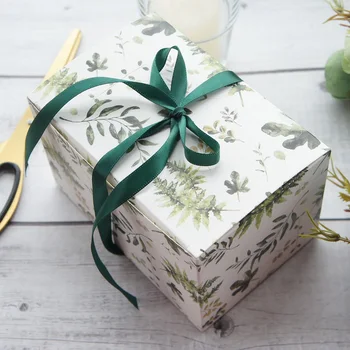 Hojas verdes de diseño 10pcs 15*10*9 cm de la Caja de Papel de Caramelo tarro de las Galletas de la vela de la Navidad la Fiesta de la boda de Navidad DIY Embalaje de regalo