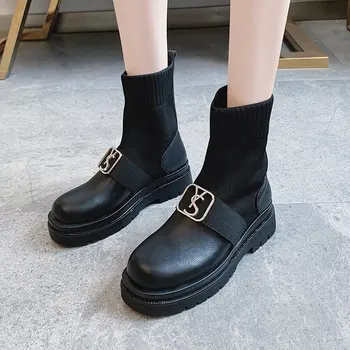 2020 nuevo estilo casual encaje gótico de combate de tobillo botas mujer zapatos los calcetines negros suela gruesa botas de cuero de las mujeres de la moda de Botas Mujer