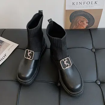 2020 nuevo estilo casual encaje gótico de combate de tobillo botas mujer zapatos los calcetines negros suela gruesa botas de cuero de las mujeres de la moda de Botas Mujer