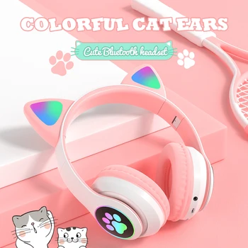 Cat Ear Auriculares Inalámbricos Bluetooth 5.0 RGB Auriculares Bass con Cancelación de Ruido Adultos Muchacha de los Niños de Soporte de Auriculares de la Tarjeta del TF Casco Mic