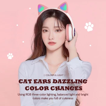 Cat Ear Auriculares Inalámbricos Bluetooth 5.0 RGB Auriculares Bass con Cancelación de Ruido Adultos Muchacha de los Niños de Soporte de Auriculares de la Tarjeta del TF Casco Mic